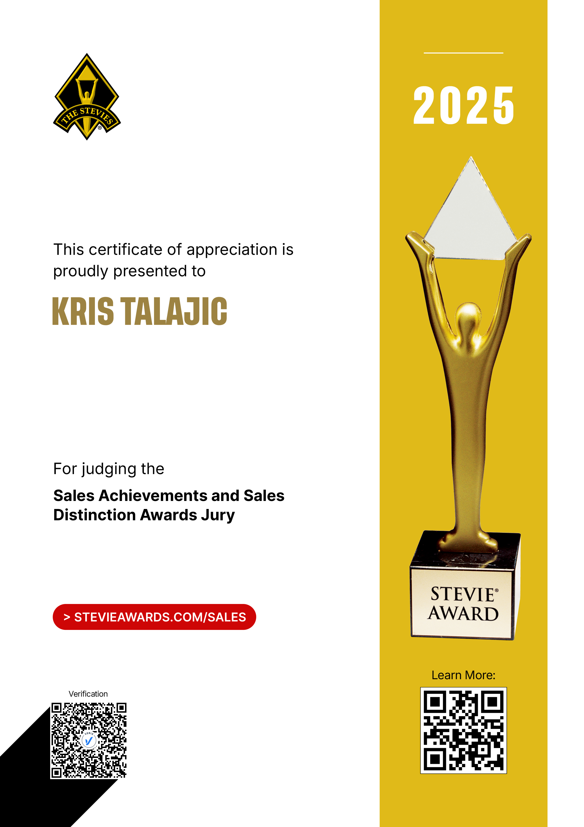 Stevie® Awards Certificate - Kris Talajic, Judge for Sales Achievements and Sales Distinction Awards Jury 2025